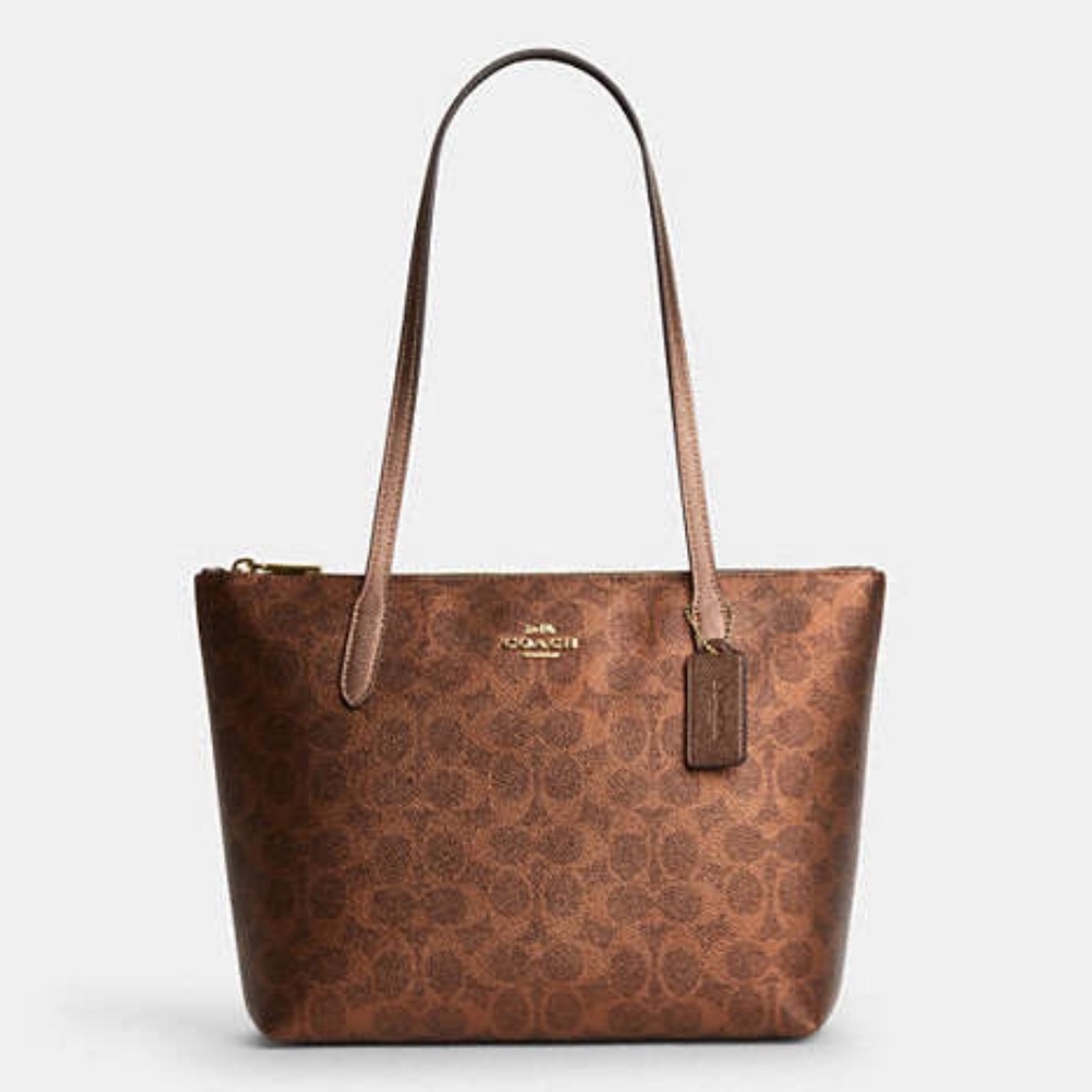 New Coach  Fiona Zip Tote Bag In Signature Canvas Gold/Brown/Copper